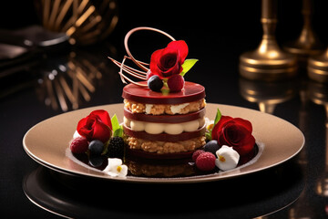 Immerse yourself in a world of mystique and temptation with this desserts intricate presentation, as it reveals an artisanal masterpiece with layers of distinguished elegance, inviting