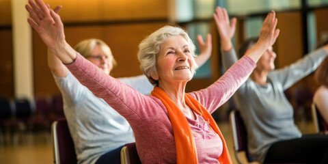 An engaging snapshot showcasing elderly participants comfortably seated on chairs, demonstrating chair yoga exercises that target the wrists and hands, enhancing joint mobility and - obrazy, fototapety, plakaty