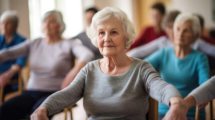 An ilration showcasing elderly participants engaging in chair yoga, demonstrating seated forward bends and gentle backbends to promote mobility and relieve muscle tension.