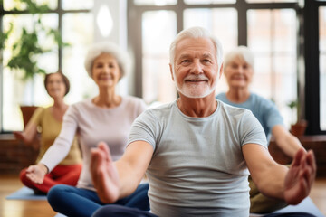 An artistic portrayal showcasing seniors seated comfortably on chairs, demonstrating modified yoga poses such as seated tree pose and seated eagle pose to enhance balance and stability. - obrazy, fototapety, plakaty