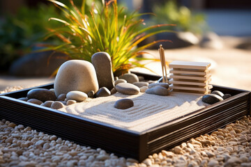 A tranquil zen garden, meticulously designed with cascading water features, perfectly p rocks, and meticulously raked sand, inviting a sense of peace and serenity.
