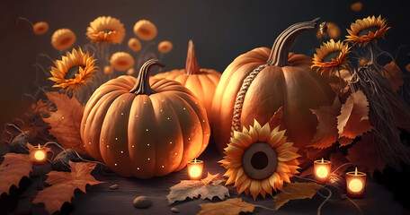 Thanksgiving Day. Autumn. Sunflowers and pumpkins. Banner. Generated AI. Edited in Photoshop