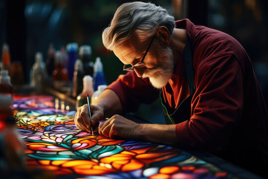 A stained glass artisan assembling colorful glass pieces. Generative Ai.
