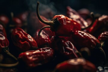 Close-up shot of a vibrant pile of dried chili peppers, adding a spicy touch to your culinary creations - obrazy, fototapety, plakaty