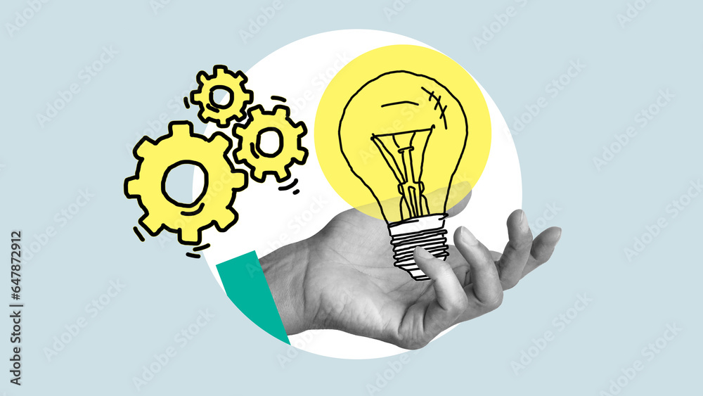 Poster decision making or business strategic planning areshown using the collage with hand with the lamp