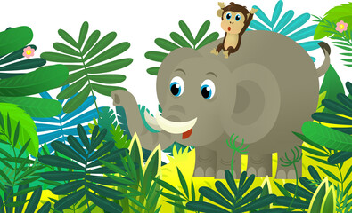 Cartoon wild animal happy young elephant with other animal friend in the jungle isolated illustration for children