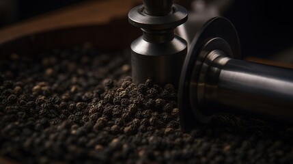 Fototapeta na wymiar Overhead shot of a sleek black pepper mill, a culinary essential for flavor enthusiasts