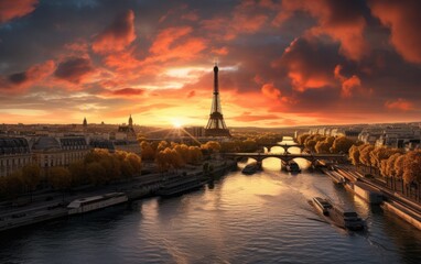 Fototapeta premium Panoramic sunset over Paris. Generative AI