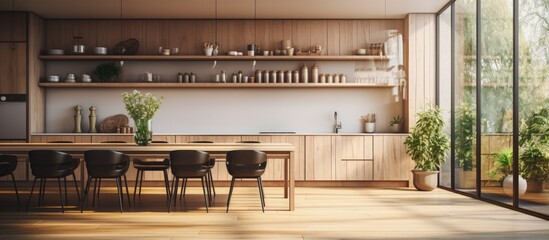 Interior design concept with a contemporary kitchen wooden dining table bamboo plant and parquet floor in a modern clean space