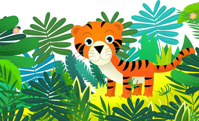 Obraz premium cartoon scene with happy tropical cat tiger in the jungle isolated illustration for children