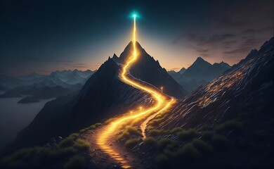 Path to success concept, with glowing light path going up the mountain created with generative ai