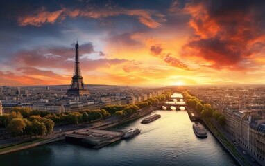 Fototapeta na wymiar Panoramic sunset over Paris. Generative AI