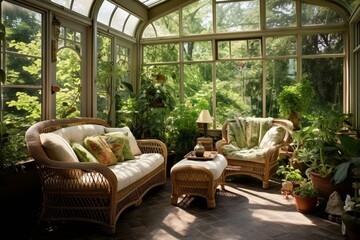 A lush sunroom with plants and rattan furniture. Generative AI - obrazy, fototapety, plakaty