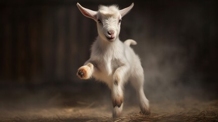 Playful Baby Goat Joyfully Jumping in the Green Field, Embodying Pure Happiness