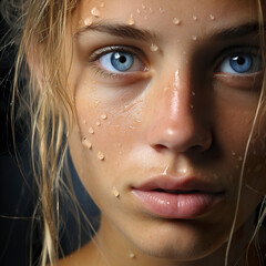 A female face with water drops in great detail. Face in a captivating atmosphere with a suspenseful atmosphere and powerful quality. A woman's look in detail.