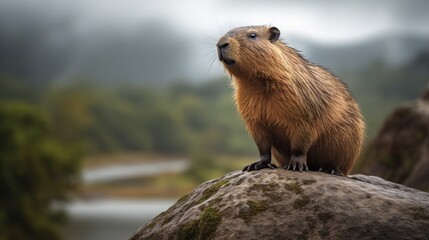 Capybara Standing Confidently on a Rock, Surveying its Surroundings in the Wild