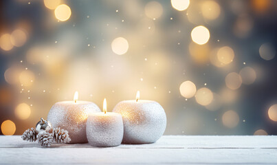 Christmas candles on snow with decorative ornaments. Festive glow on the background. Generative Ai - obrazy, fototapety, plakaty