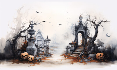 An old cemetery with a tomb and laughing Halloween pumpkins lying under old trees. AI digital art