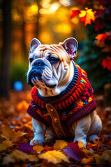 Bulldog in sweater sitting under the autumn trees ih the forest