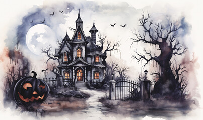 Fototapeta na wymiar A spooky path leading through the mud and past an old abandoned house with a Halloween pumpkin in the foreground. AI digital watercolor