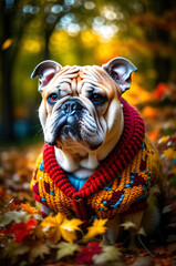 Bulldog portrait against autumn leaves