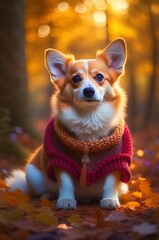 Cute corgi dog dressed in autumn sweater