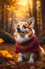 Little corgie dog against autumn landscape