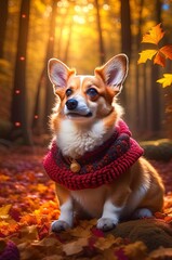 Charming corgi dog under the falling leaves