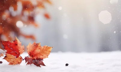 Fotobehang Autumn leaves with snowy landscape and open space. Empty space for text. Generative Ai © trompinex