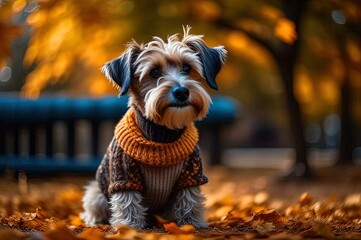 Cute small dog in sweater in autumn park