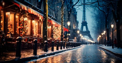 Foto op Canvas Night snowy Christmas Paris, New Year holiday, blurred background - AI generated image © BEMPhoto