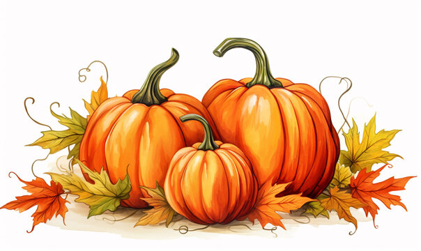 A composition of three pumpkins for Halloween, branches with maple leaves isolated on white background. AI digital art
