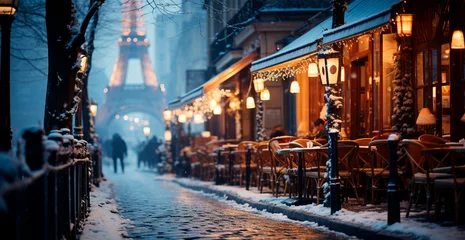 Foto auf Acrylglas Night snowy Christmas Paris, New Year holiday, blurred background - AI generated image © BEMPhoto