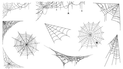 Black silhouettes of spider webs without background for Halloween.