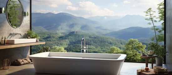 Fototapeta na wymiar Master bathroom Contemporary tub with panoramic view of sunny sky mountains and forests