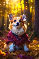 Corgi dog  in sweater sitting at autumn trees