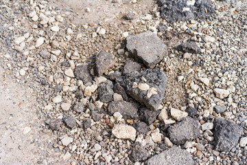 Pits on the road and destroyed asphalt. Background with copy space