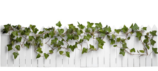 white wooden fence overgrown with weaving green ivy leaves, png file of isolated cutout object on transparent background.