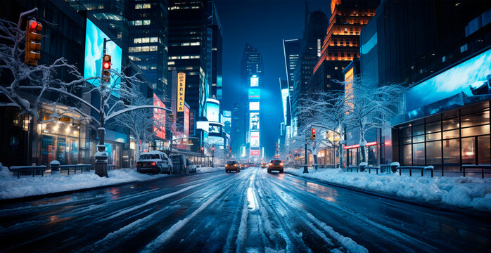 Night snowy Christmas American city New York, Manhattan area, New Year, blurred background - AI generated image