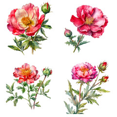 Set Of Watercolor Moss Rose Flower Isolated on Transparent Background.