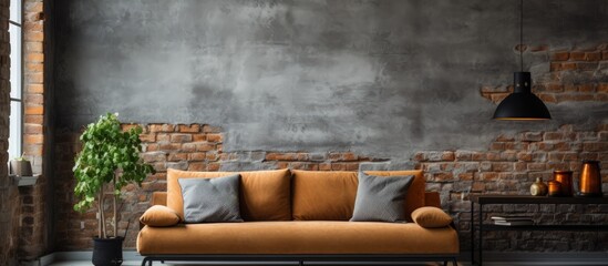 Industrial loft apartment with brick wall grey sofa big window modern lamp and minimalist furniture
