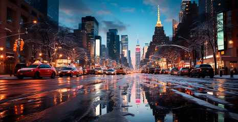 Night snowy Christmas American city New York, Manhattan area, New Year, blurred background - AI generated image - obrazy, fototapety, plakaty