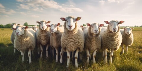 Group Of Sheeps Standing Next To Each Other On A Field. Generative AI