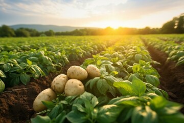 Agricultural scene of lush potato crops in a European organic farm, showcasing cultivation, care, and harvest. Generative AI - obrazy, fototapety, plakaty
