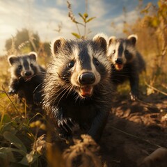 Cute funny Badger group running and playing on green grass in autum