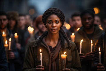 Individuals participating in a candlelight vigil to honor those who have fought for human rights. Generative Ai.