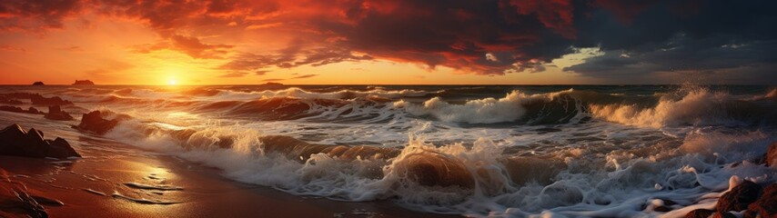 Wild waves, stormy sunset, sunrise, ocean beach, its sands echoing the whispers of ancient tales, while the sky above is set ablaze by the sun's passionate embrace. 