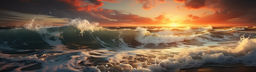 Obraz premium Wild waves, stormy sunset, sunrise, ocean beach, poised on the cusp of a storm, ethereal glow of a setting sun. The heavens, heavy with brooding clouds, seem to challenge the roaring waves below.