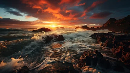 Zelfklevend Fotobehang Wild waves, stormy sunset, sunrise, ocean beach during a tempestuous sunset, where the sky, heavy with storm clouds, threatens with impending fury. Below, the sea churns with restless waves. © DigitalArt