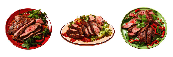 Png Set Grilled beef with lettuce and chili on a red plate transparent background